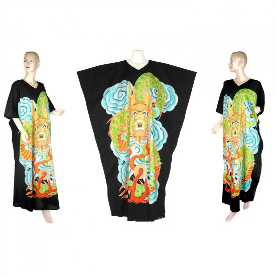 Hand-Drawn Black Dragon Batik COTTON Kaftan Caftan Dress 1X 2X 3X 4X 5X (K27)