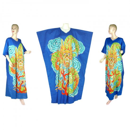 Hand-Drawn Blue Dragon Batik COTTON Kaftan Caftan Dress 1X 2X 3X 4X 5X (K32)
