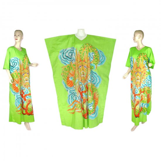 Hand-Drawn Green Dragon Batik COTTON Kaftan Caftan Dress 1X 2X 3X 4X 5X (K31)