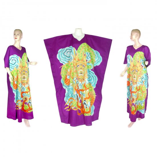 Hand-Drawn Purple Dragon Batik COTTON Kaftan Caftan Dress 1X 2X 3X 4X 5X (K30)