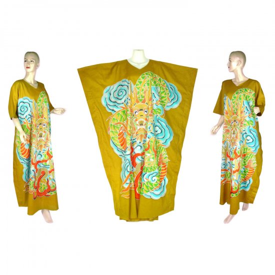 Hand-Drawn Gold Dragon Batik COTTON Kaftan Caftan Dress 1X 2X 3X 4X 5X (K28)