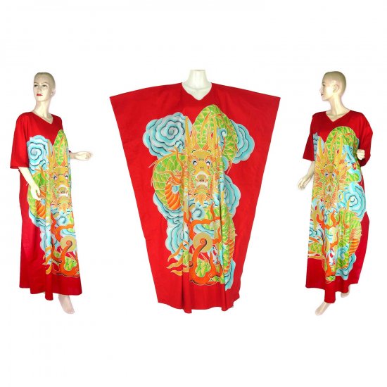 Hand-Drawn Red Dragon Batik COTTON Kaftan Caftan Dress 1X 2X 3X 4X 5X (K26)