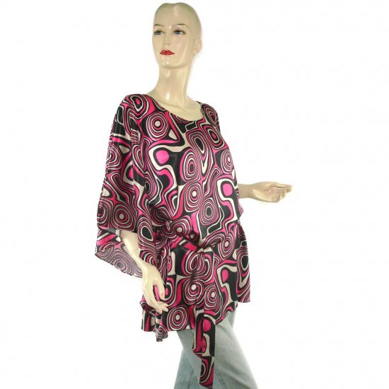 Black Pink Gray Abstract Gypsy Boho Poncho Tunic Kaftan Caftan Blouse + Sash 8 10 12 14 16 (MC228)