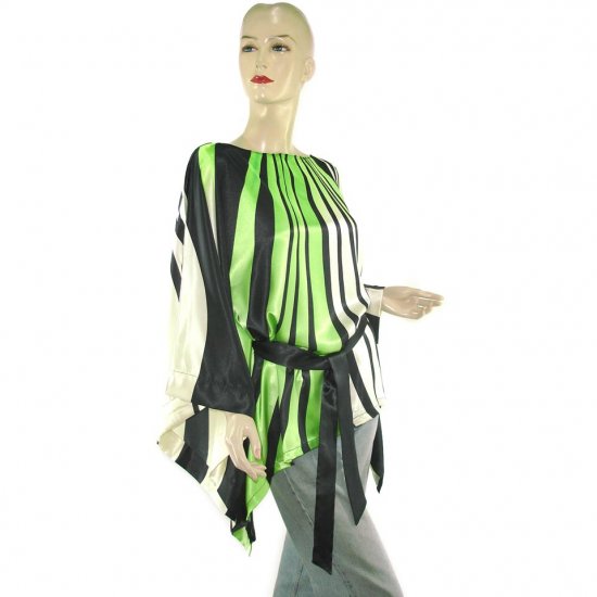 Black Green Abstract Gypsy Boho Poncho Tunic Kaftan Caftan Blouse + Sash 8 10 12 14 16 (MC233)