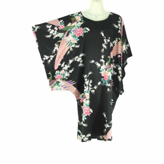 Black Oriental Floral Peacock Kimono Sleeve Tunic Top Kaftan L XL 1X (MC224)
