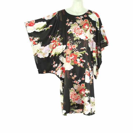 Black Oriental Floral Crane Kimono Sleeve Tunic Top Kaftan L XL 1X (MC220)