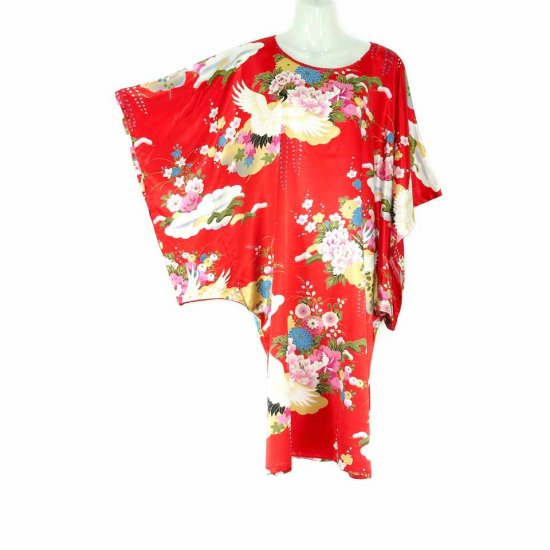 Red Oriental Floral Crane Kimono Sleeve Tunic Top Kaftan L XL 1X (MC218)