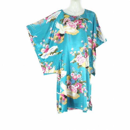 Blue Oriental Floral Crane Kimono Sleeve Tunic Top Kaftan L XL 1X (MC217)