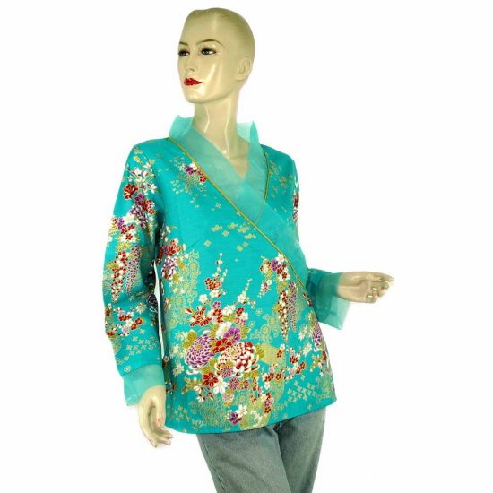 Aquamarine Teal Kimono Blouse Tunic Kaftan Caftan Oriental Floral Prints XS S M (MC17)