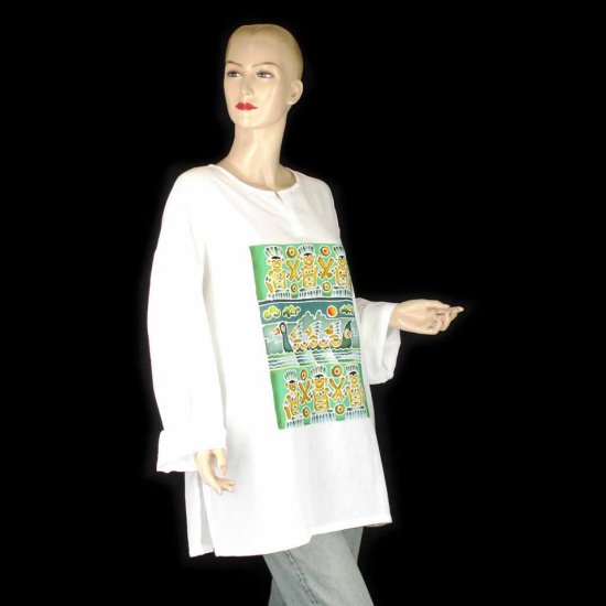 Hand-Drawn White Cotton Batik Tribal Kaftan Caftan Kurta Blouse Shirt Top (MISC6)