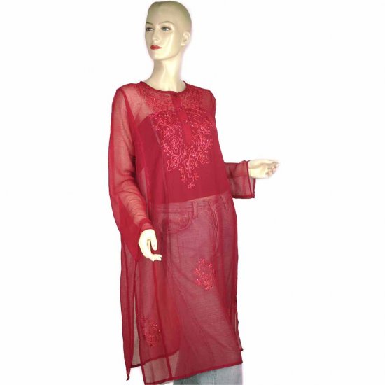 Sheer Burgundy Indian Embroidered Kurta Blouse Tunic Kaftan Caftan With Sequins 10 12 14 (MC195)