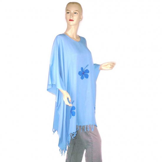Blue Hibiscus Floral Poncho Tunic Kaftan Caftan Blouse With Sequin Bead Embroidery 1X 2X 3X (MN2231)