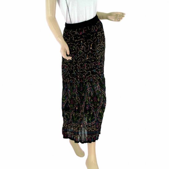 Black Boho Gypsy Long Skirt With Printed Indian Motifs Sequins Bells (MC238)