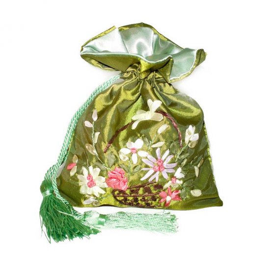 Green Floral Embroidered Evening Bag Purse Draw-String Tassels (LFT21)