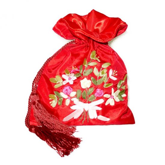 Red Floral Embroidered Evening Bag Purse Draw-String Tassels (LFT22)
