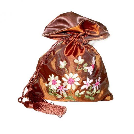 Brown Floral Embroidered Evening Bag Purse Draw-String Tassels (LFT23)