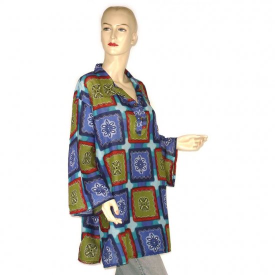 Green Blue Burgundy Abstract Shirt Blouse Kaftan 1X 2X 3X (MC125)