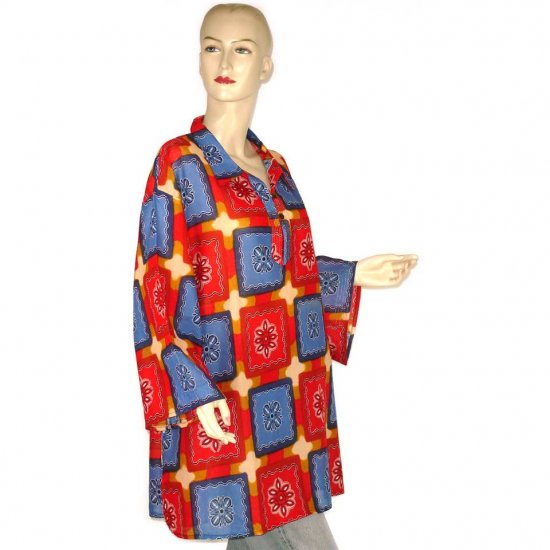 Red Blue Brown Abstract Shirt Blouse Kaftan 1X 2X 3X (MC126)