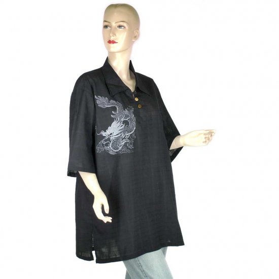 Black Embroidered Dragon Blouse Short-Sleeve Shirt XL 1X 2X (MC175)