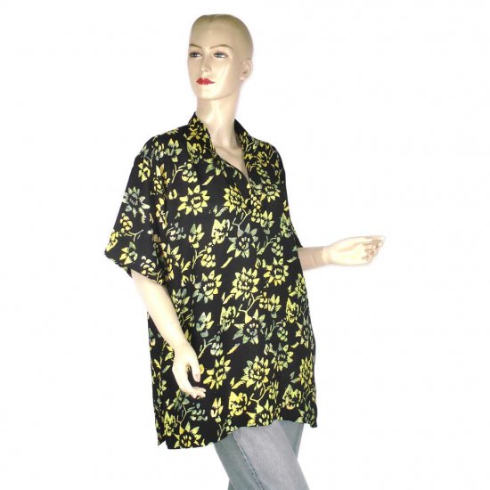 Hand-Drawn Black Floral Batik Shirt Blouse Top L XL 1X (MC171)