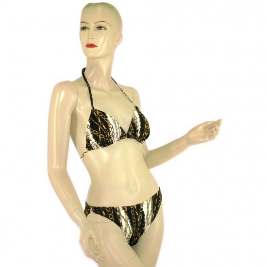 2-Piece Black White Chain Halter-Top Bikini Swimwear M (PS35)