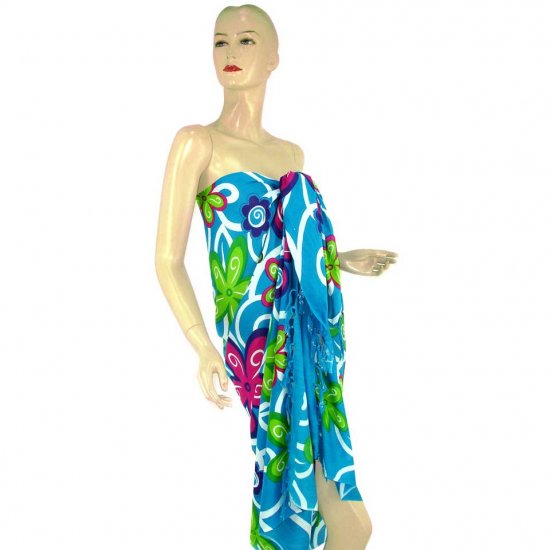 Blue Abstract Floral Print Sarong Pareo Skirt Dress Wrap Shawl Beach Cover-Up (MP141)