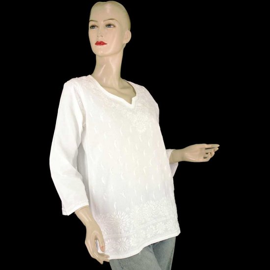 White Embroidered Indian Kurta Kaftan Caftan Shirt Blouse 2 4 6 (MISCI2)