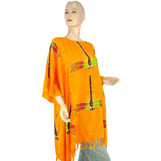 Hand-Drawn Orange Dragonfly Batik Poncho Tunic Kaftan Caftan Top 1X 2X 3X 4X 5X (MN6178)