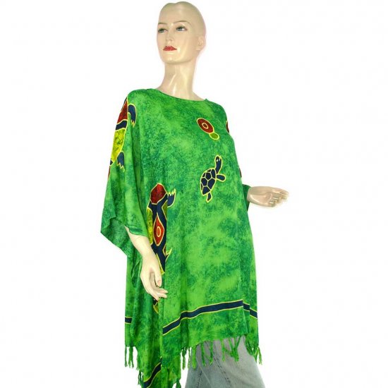 Hand-Drawn Green Turtle Batik Poncho Tunic Kaftan Caftan Blouse 1X 2X 3X 4X 5X (MN6213)