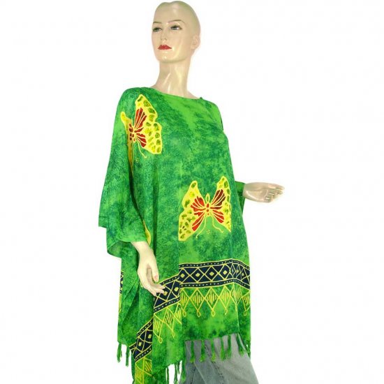 Hand-Drawn Green Butterfly Batik Poncho Tunic Kaftan Caftan Top 1X 2X 3X 4X 5X (MN6227)
