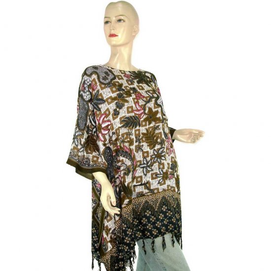 White Abstract Batik Floral Leaf Poncho Tunic Kaftan Blouse Maternity Pregnancy ONE SIZE (MN6359)
