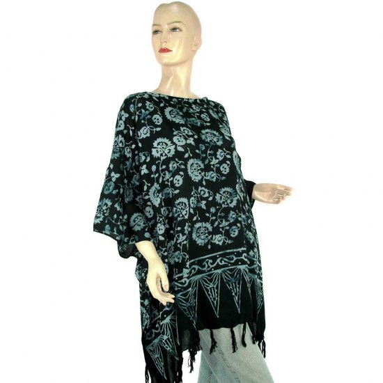 Hand-Drawn Blue-Black Floral Batik Poncho Tunic Kaftan Maternity Pregnancy ONE SIZE (MN6365)