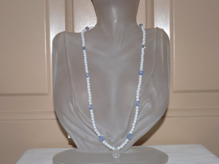Sterling Silver Vingtage Glass Light Blue and White Necklace