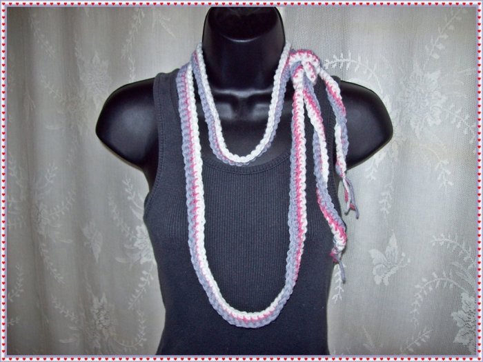 Fiber Necklace, Tri-Color Flat Rope Lariat Style in White, Rose and Grey, Hand Crocheted