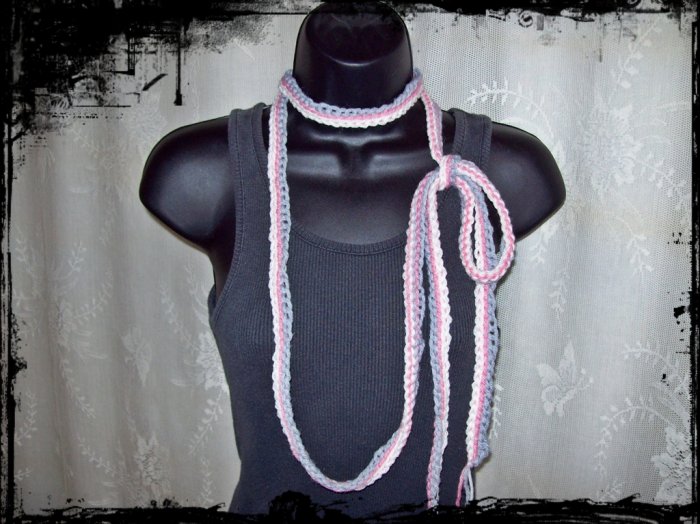 Fiber Necklace, Triple Chain Lariat Style in White, Rose and Grey, Hand Crocheted