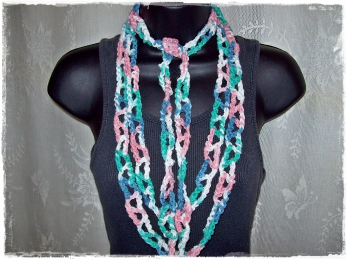Fiber Necklace, Crazy Chain Link Lariat Style in Rose, Green, Blue and White Multi, Hand Crocheted