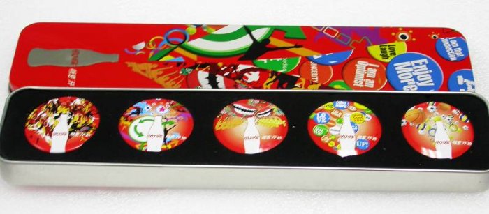 A Set of 2008 Coca-Cola 5 Bright Coke Pins With Tin Box