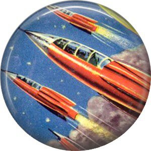 Blasting Off in Red Rocket Ships, Retro Future 1 Inch Pinback Button Badge Pin - 0668
