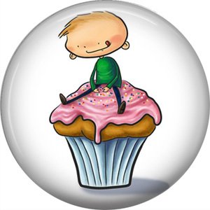 Little Boy Sitting on Top of Cupcake, 1 Inch Button Badge Pin - 0305