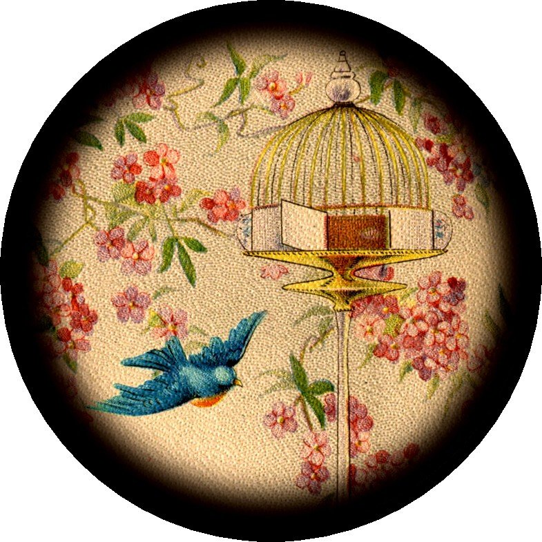 Blue Bird and Bird Cage, 1 Inch Pinback Button Badge Pin - 0231