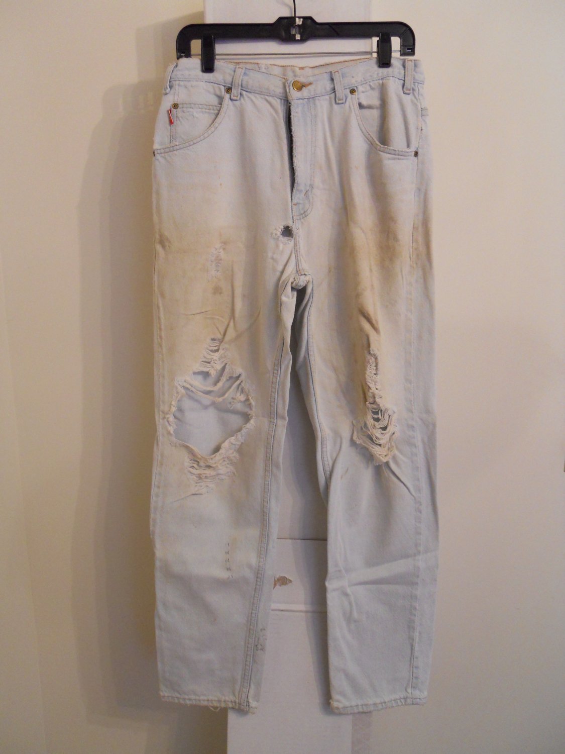 Bugle Boy used worned torn stained distressed blue denim jeans men's 32x32