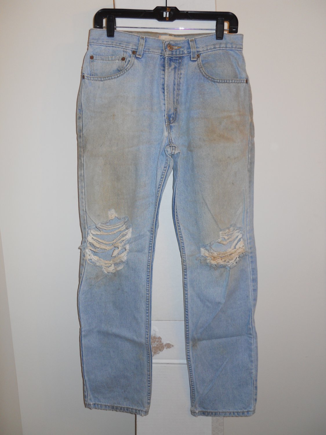 Levi 505 Regular Fit used worn torn stained distressed blue denim jeans men's 32x32
