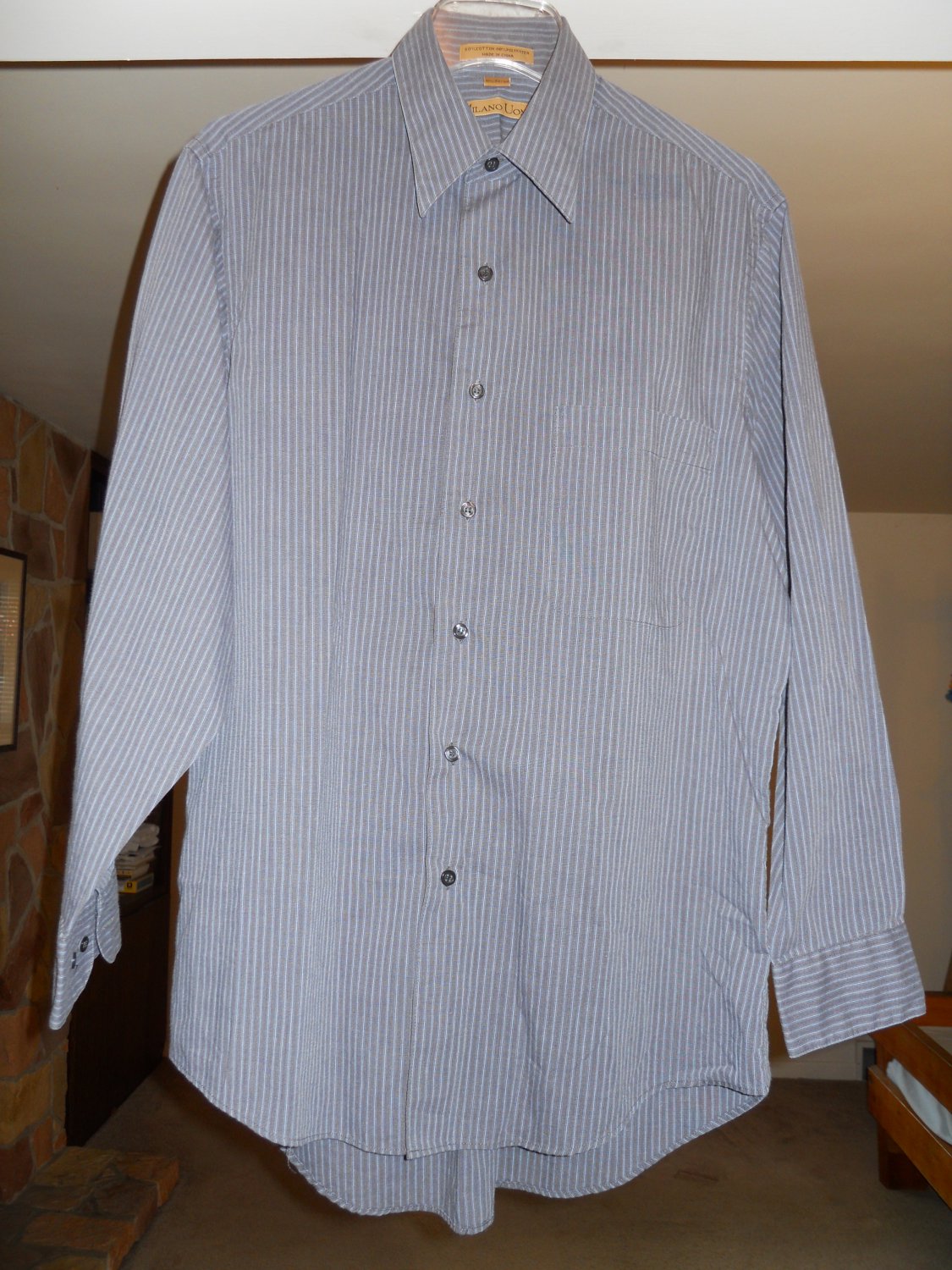 Milano Uomo men's dress shirt size 15 1/2 32/33 large long sleeve gray blue pinstripe