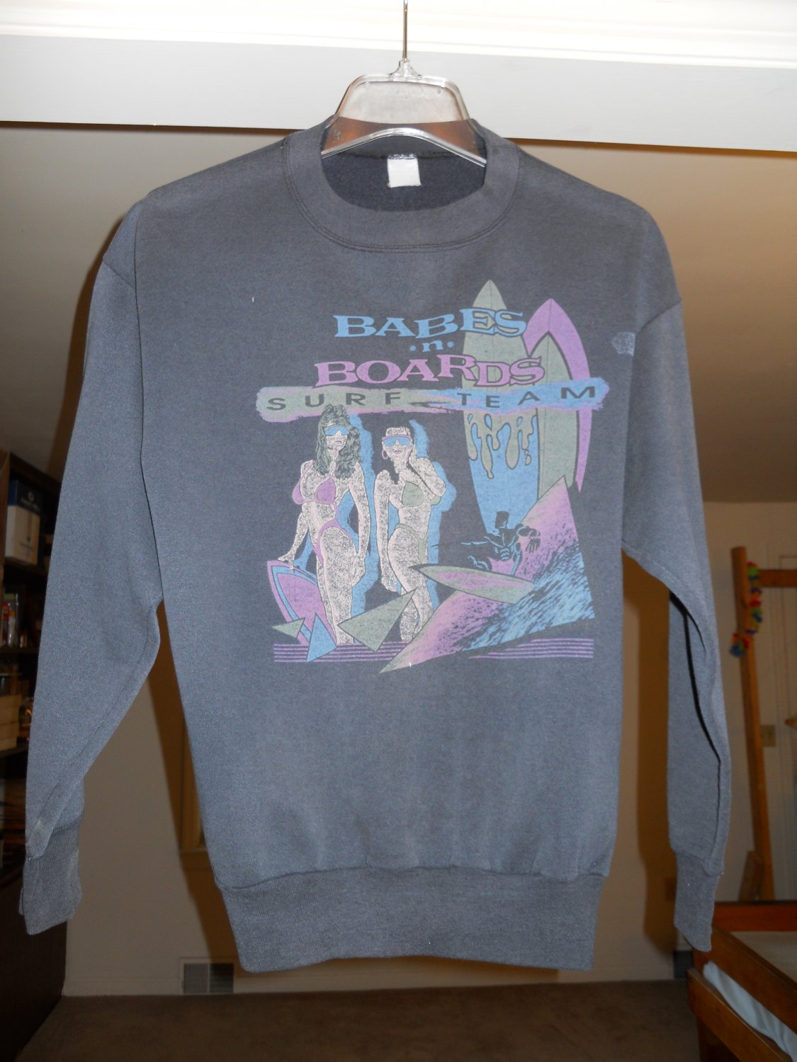 men's distressed sweatshirt size Small or Medium black babes 'n' boards surf team