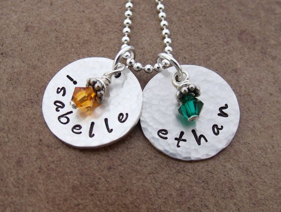 Hand Stamped Two Disk Sterling Silver Birthstone Necklace ~ Hammered Finish