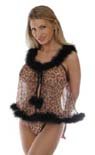 MARIBOU TRIMED SEMI-SHEER CHIFFON ANIMAL PRINT BABY DOLL