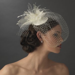 Ivory Bridal Wedding Vintage Inspired Birdcage Veil Hat with Crystals and Feathers