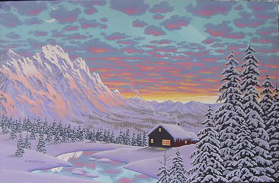 CABIN BY WINTER TWIGHLIGHT