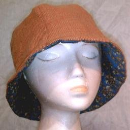 NEW~HANDMADE REVERSIBLE HAT~ORANGE-TAN/BLUE FLORAL DESIGN