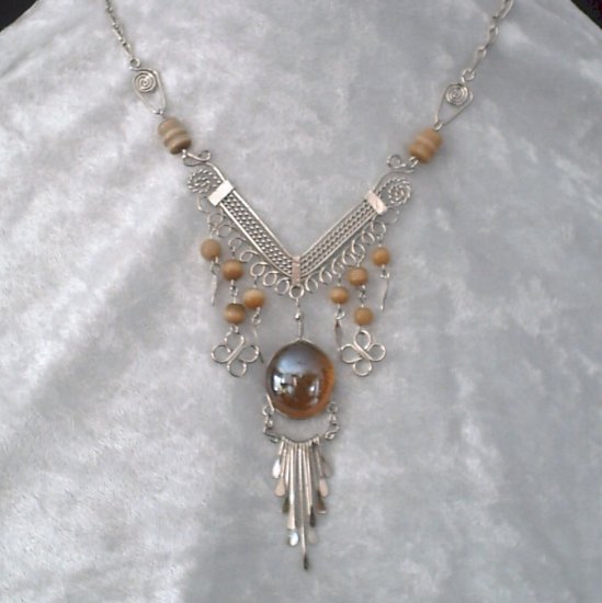 New~"AMBER WAVES"~Handmade Peruvian NECKLACE ~Alpaca Silver ~Murano/Cat's Eyes beads ~Jewelry